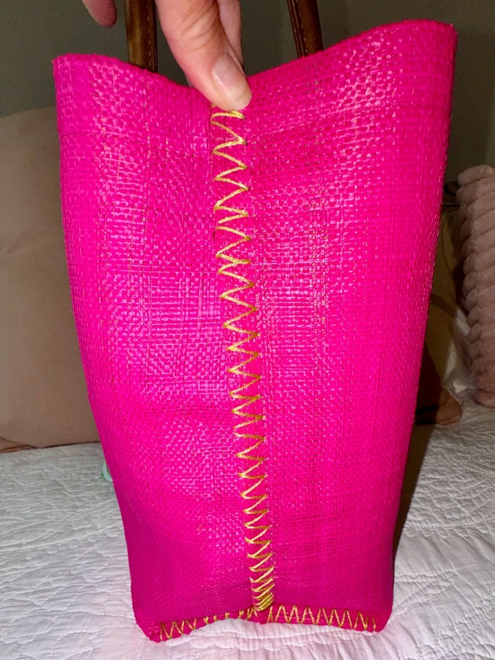 Lilly Pulitzer for Target Hot Pink Straw Tote with Brown Handles & Green Scarf - Picture 4 of 7